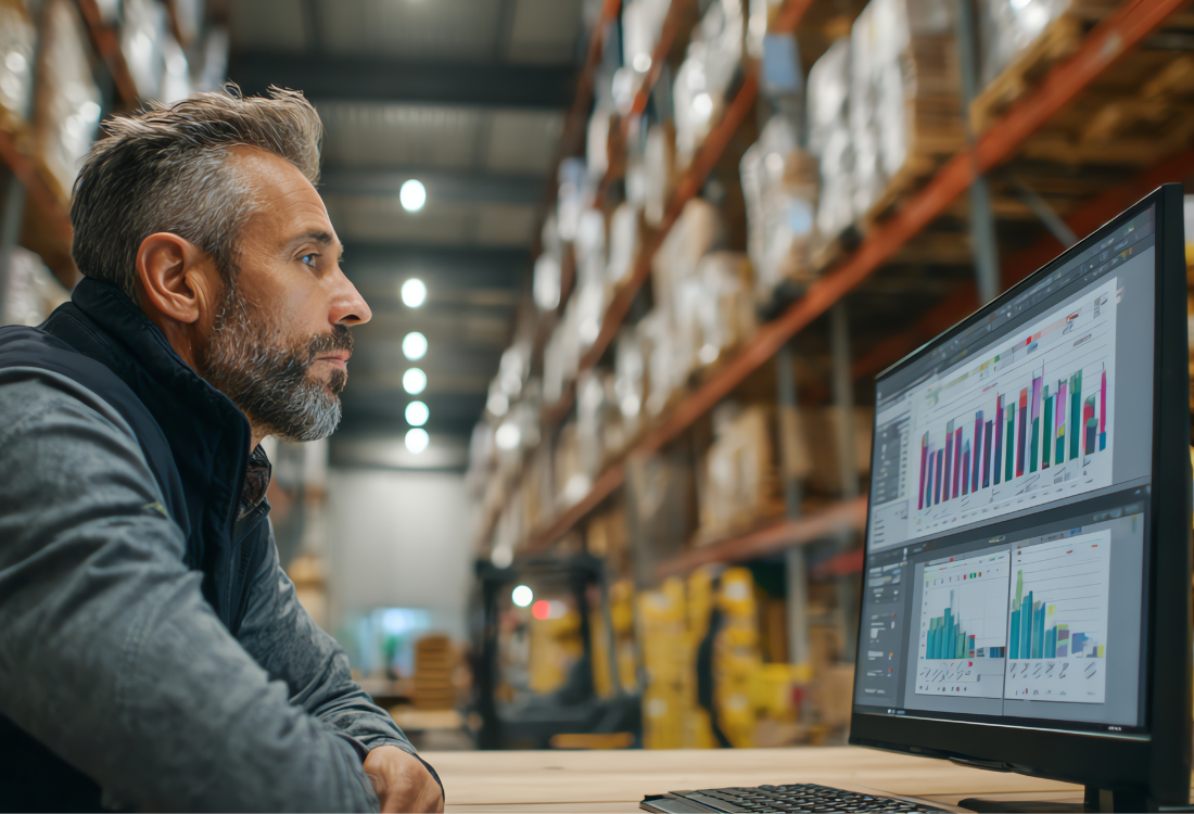 A warehouse manager analysing supply chain data and performance charts on a computer screen inside a storage facility, illustrating inventory planning, stockholding strategy, and process optimisation for improved resilience.